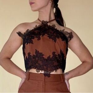 Elegant Brown Lace Trim Women's Top